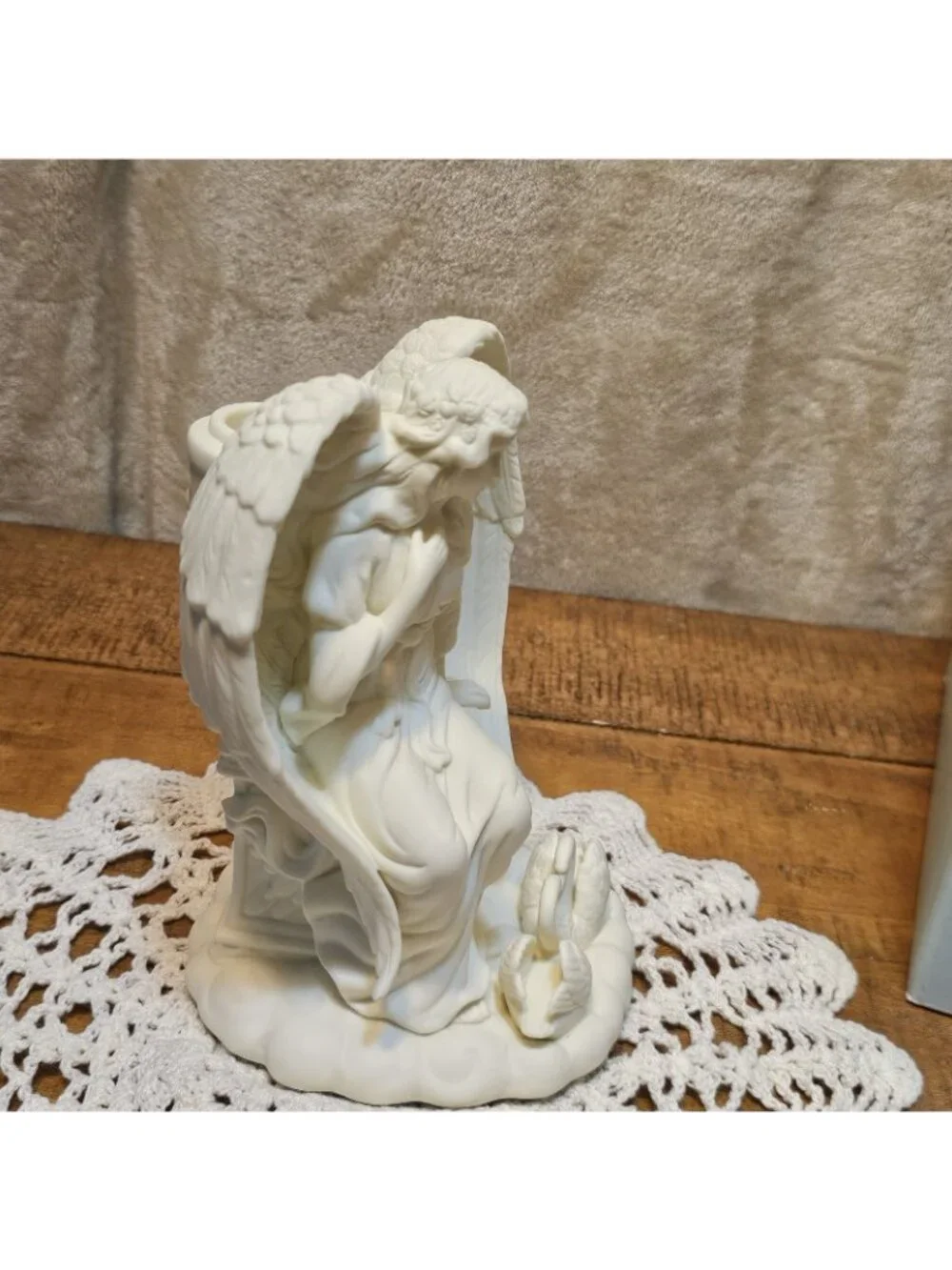 Party Lite Porcelain Bisque  ANGEL OF LOVE Taper Candle Holder With Swans W/Box